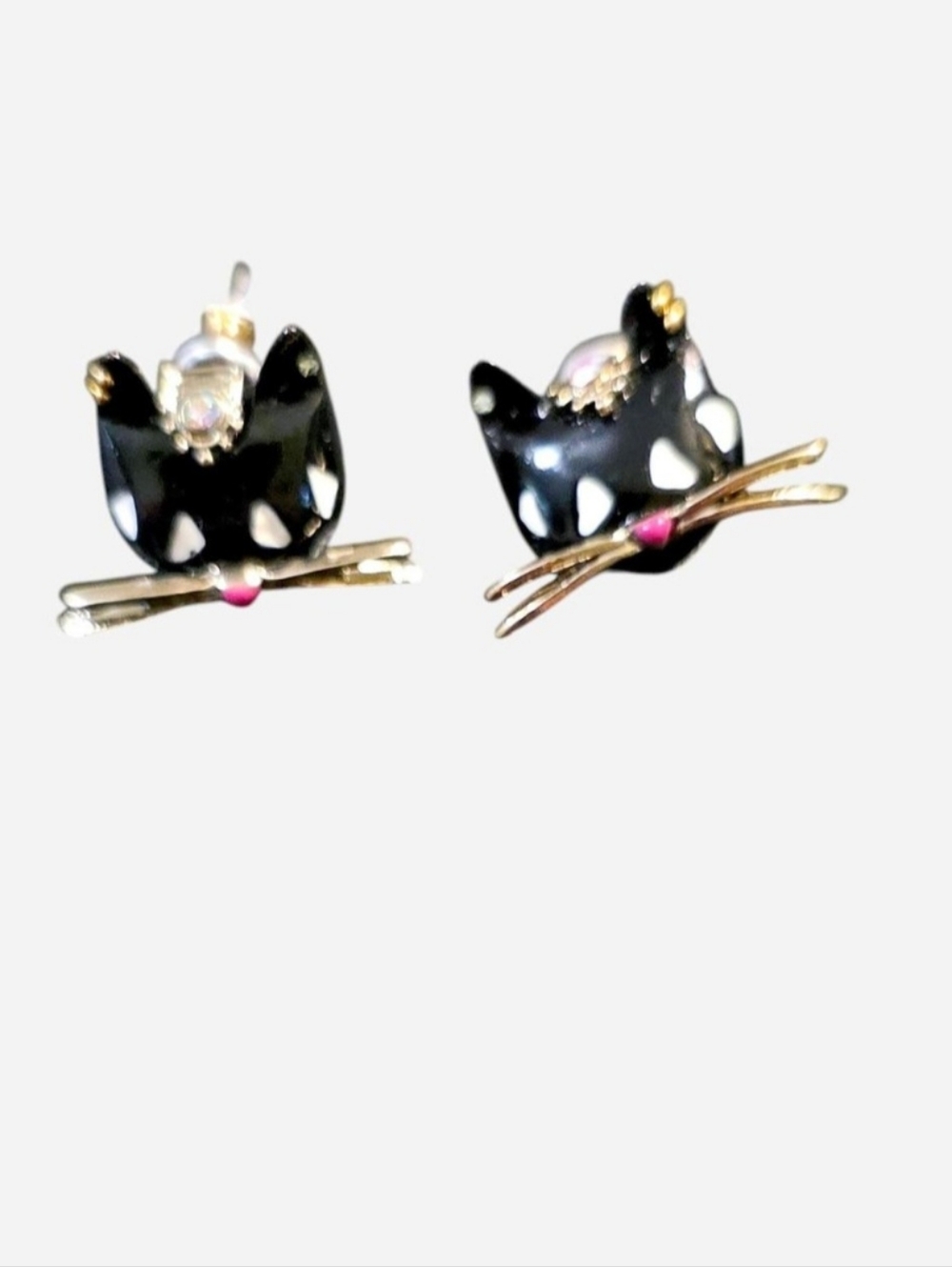 Vintage Betsey Johnson Black Cat Face Stud Earrings w/Gold Whiskers & Pink Nose - Picture 2 of 7